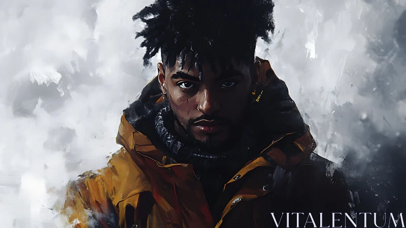 Moody portrait of a hooded man in a yellow winter coat.