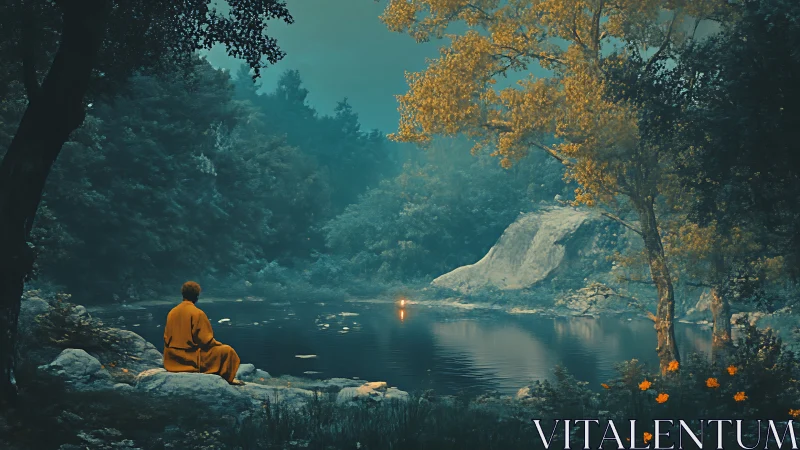 Solitary robed figure observes illuminated lake under teal dusk