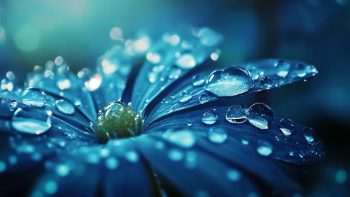 Macro optical study of dew-laden blue daisy petal surfaces.