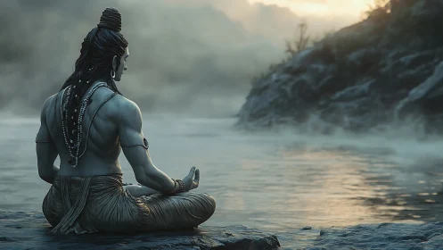 Meditating figure by misty riverside at sunrise in profile.