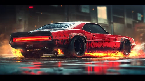Retro muscle car drifts on flaming wet asphalt with cinematic bokeh