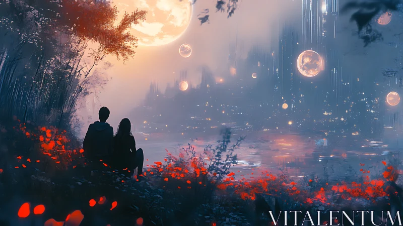 Two Souls Gazing at a Mystical Futuristic World