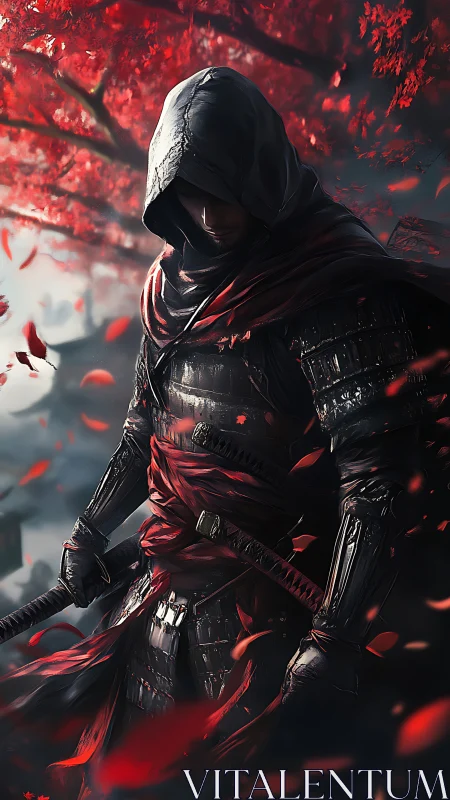 Hooded armored warrior stands under red foliage in motion