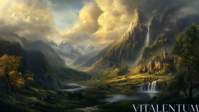 Sunlit castle nestles in a misty valley of towering giants