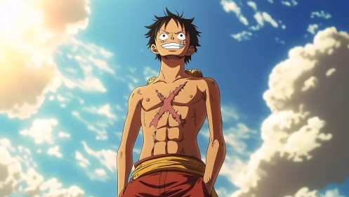 Shirtless anime pirate stands under bright dramatic sky.