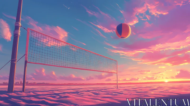 Sunlit beach volleyball net under luminous pastel sunset sky