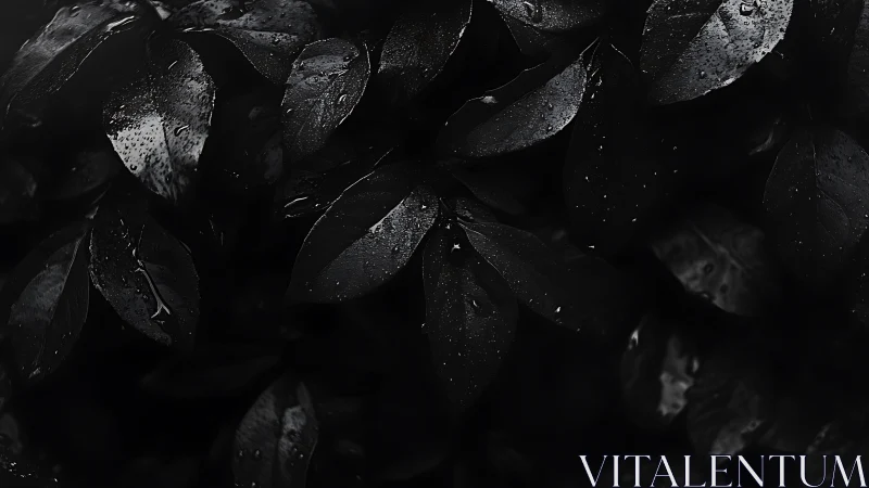 Dark wet foliage surface is rendered with high contrast lighting