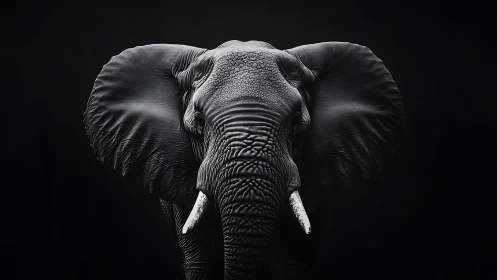 Central frontal view of elephant head on dark background.