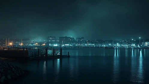 Nocturnal waterfront skyline under cyan vapor-lit haze.