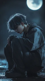 Moonlit loner crouches in reflective blue night rain.