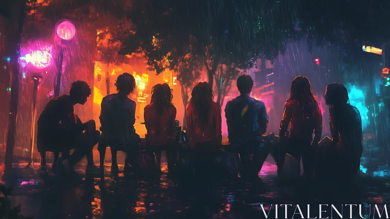 Neon backlit silhouettes on bench in nocturnal urban rainfall