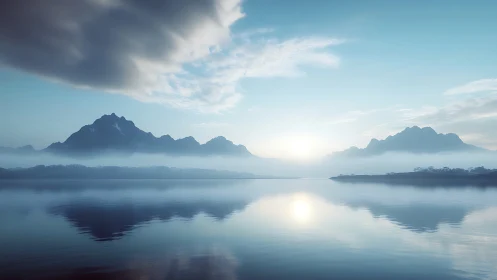 Mountain range reflects across calm misty lake at sunrise