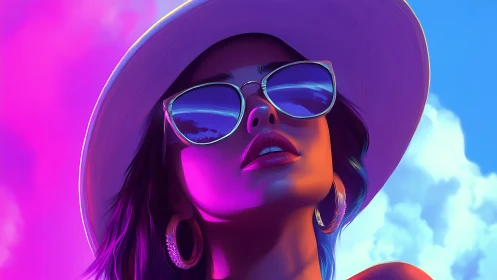 Stylized woman in hat and sunglasses under vivid sky.