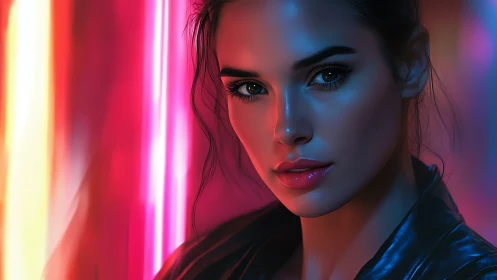 Neon-lit portrait highlights cinematic cyber glow.