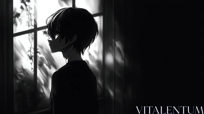 Monochrome anime profile in high-contrast window lighting.