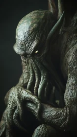Brooding tentacled creature sits in shadow with eerie calm