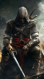 Hooded warrior rests in embers after a brutal battlefield clash