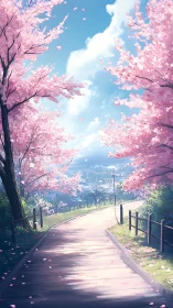 Cherry blossom roadway hums softly toward the bright town