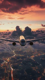 Commercial jet above illuminated city at dusk sky period.