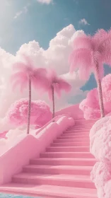 Staircase ascends through pink palm landscape under clouds
