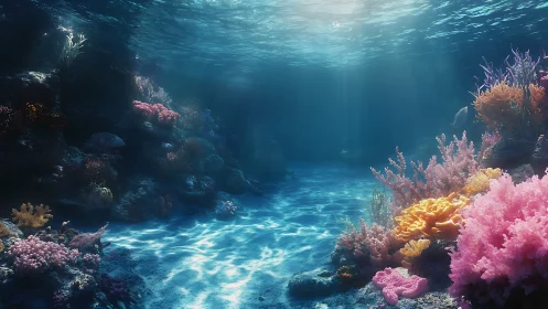 Sunlit coral garden glows beneath gentle ocean waves