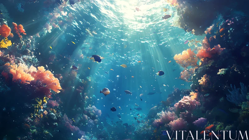 Sunlit coral reef canyon with vibrant tropical marine life.