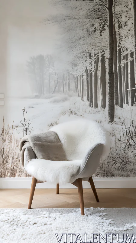 Modern accent chair in soft neutral winter interior.