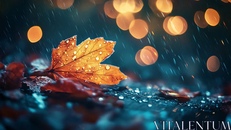 Photorealistic autumn leaf macro under rain and bokeh lights.