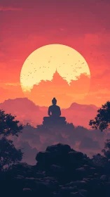 Digital sunset Buddha silhouette with layered atmospheric depth.