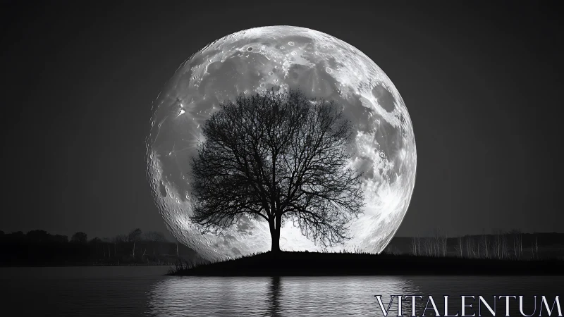 Monochrome lunar backdrop envelops silhouetted lakeside tree