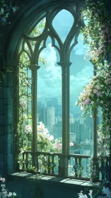 Gothic garden window opens onto dreamy distant cityscape.