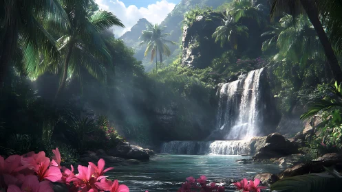 Tropical Waterfall with Orchids in Lush Mountain Paradise