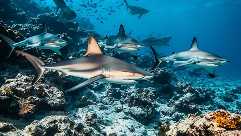 Shark constellation glides in bright cobalt reef corridors