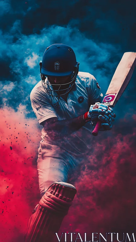 Cricket batter in protective gear amid colored smoke field.