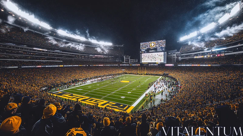 Night football stadium with full crowd and illuminated field.