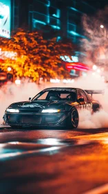 Street drift car slices through neon-lit city smoke at night.
