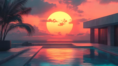 Sunset-illuminated minimalist villa pool with reflective ocean horizon