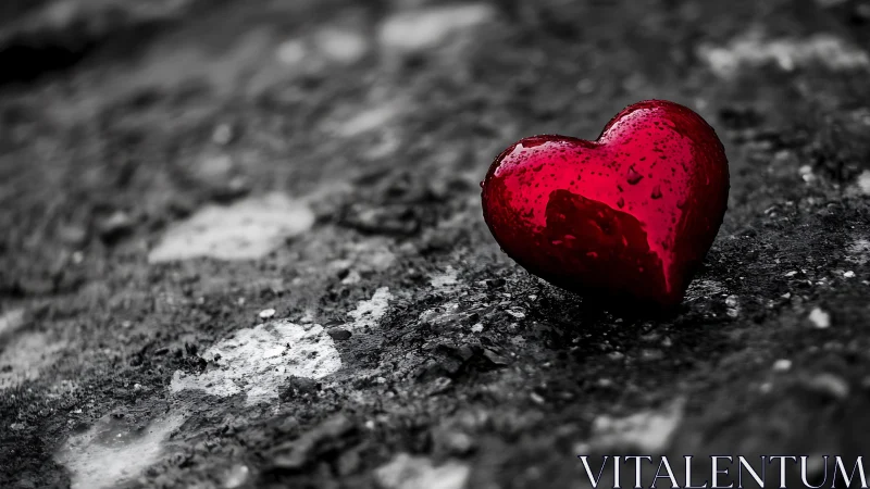 Red heart on asphalt with selective color.