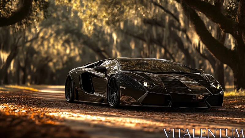 Midnight supercar gliding through a golden woodland road.