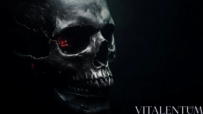 Burnished skull with internal red glow in high-contrast light