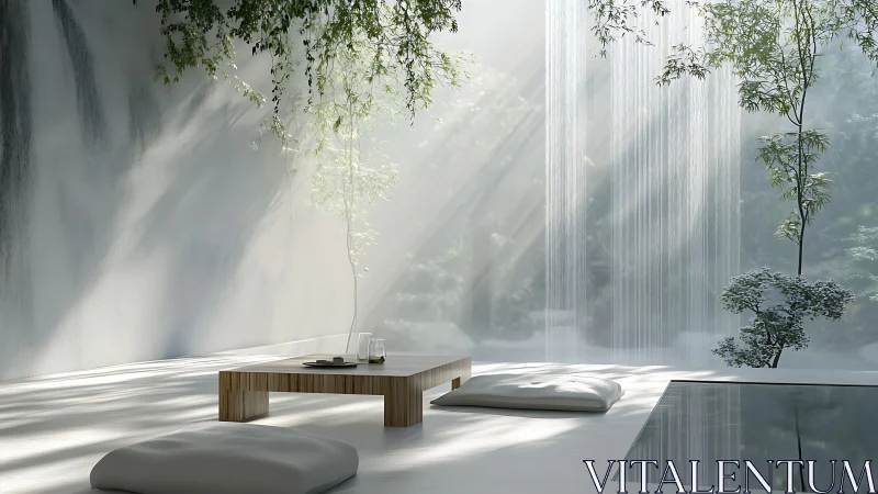 Minimalist Zen terrace opens onto cascading forest waterfall