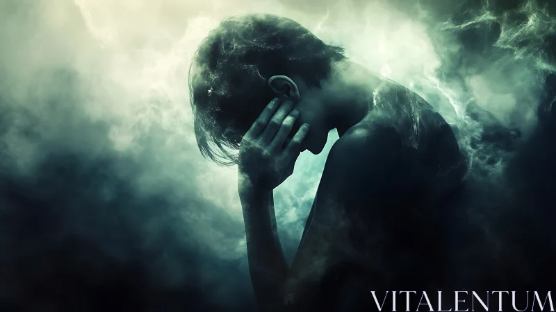 Silhouetted figure bows under swirling teal mist pressure.