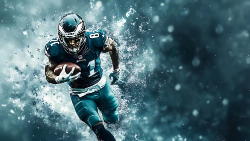 Explosive football runner charges forward through swirling energy