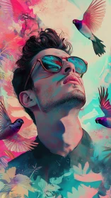 Stylized portrait man in neon dreamscape with vivid birds.