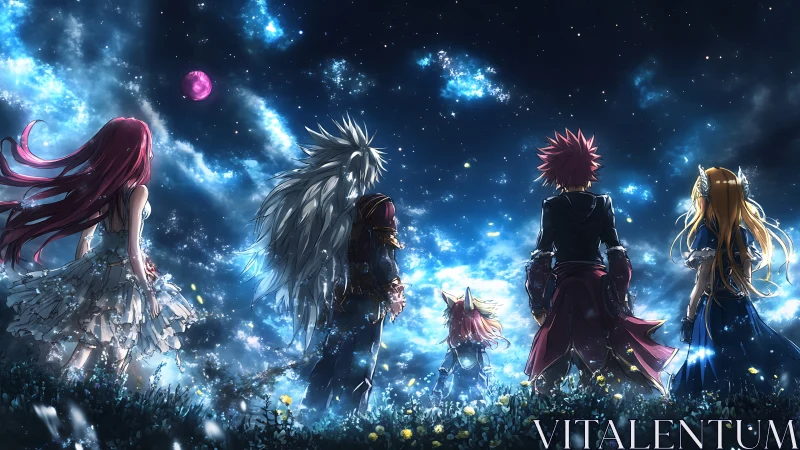 Five anime heroes gaze toward luminous cosmic night sky