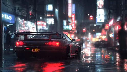 Neon rainstorm street racer idles in electric midnight city.