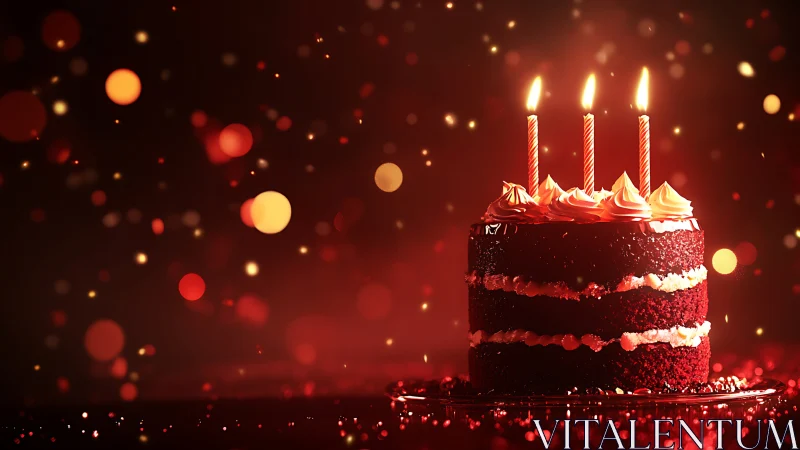 Elegant Red Velvet Birthday Cake With Lit Candles.
