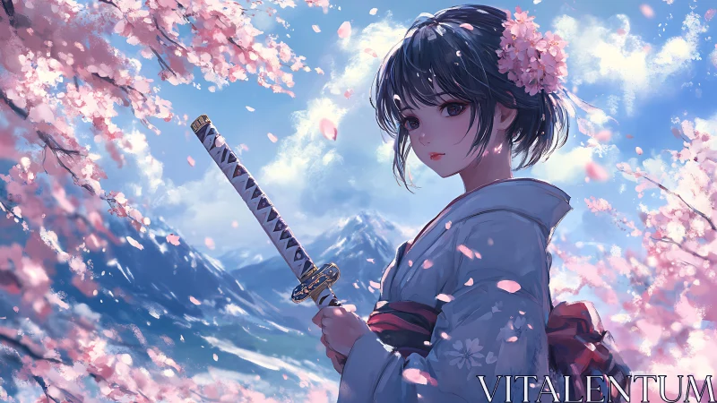 Kimono girl with katana among spring cherry blossoms.