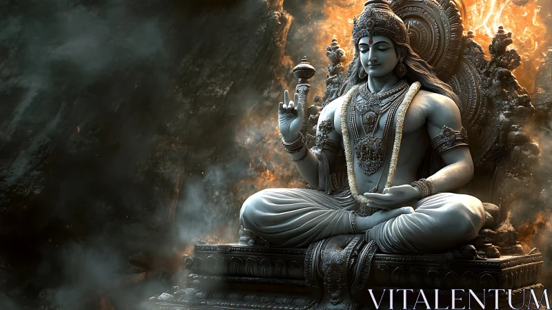 Digital render shows seated deity sculpture amid smoke and fire