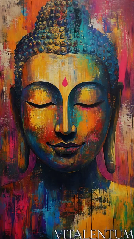 Radiant Buddha portrait wrapped in bold, meditative color fields.